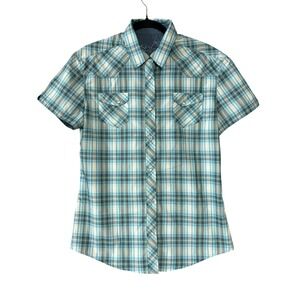 Kuhl Shirt‎ Womens Large Blue Plaid Western Pearl Snap Button Short Sleeve Top